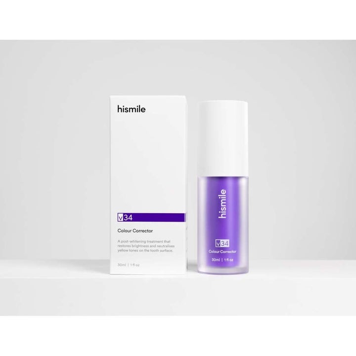 Hismile Whitening Set V34 Colour Corrector 30 ml lilla tannbleking i pumpeflaske med hvit eske