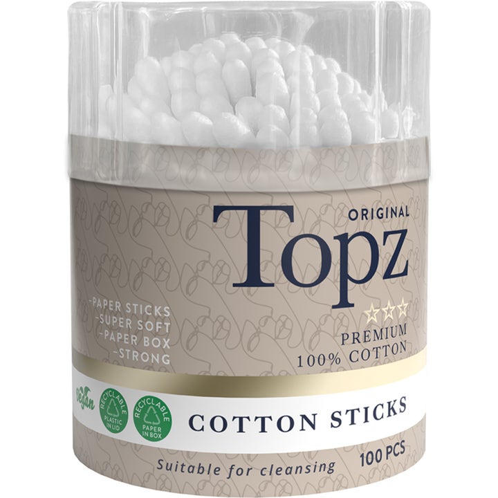Topz Cotton Sticks 100 stk myke bomullspinner for skånsom rensing i en beige boks med gjennomsiktig lokk