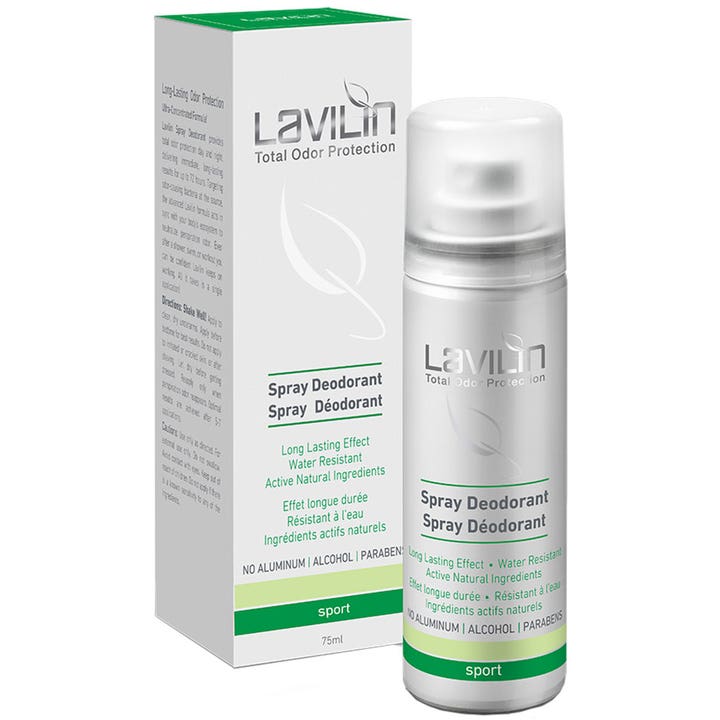 Lavilin Spray Deodorant Sport 75ml gir vannresistent luktbeskyttelse i hvit sprayflaske og eske med grønne detaljer.
