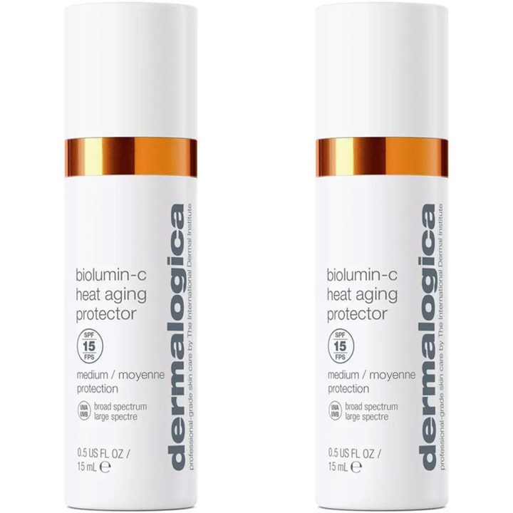 Dermalogica Biolumin-C Heat Aging Protector 15 ml solkrem som beskytter huden i to hvite flasker med oransje ring.