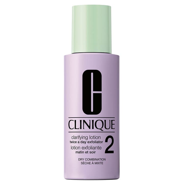 Clinique Clarifying Lotion 2 eksfolierende ansiktsvann som gir glød i lilla flaske med lysegrønn kork