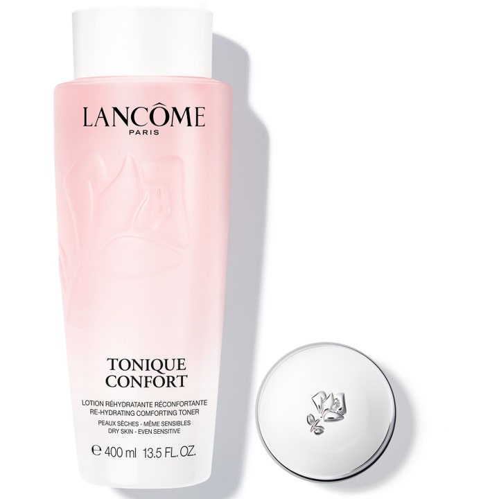 Lancôme Tonique Confort 400 ml fuktighetsgivende ansiktsvann i en frostet rosa flaske med hvit kork