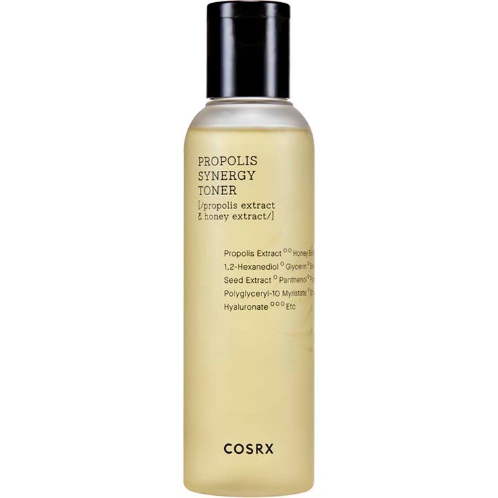 COSRX Propolis Synergy Toner 150 ml fuktighetsgivende ansiktsvann med gyllen væske i klar plastflaske med svart kork