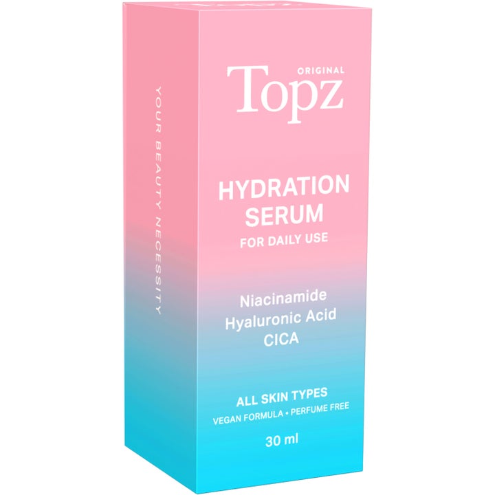 Topz Daily Face Serum 30 ml fuktighetsgivende ansiktsserum i rosa og blå eske med niacinamide og hyaluronsyre