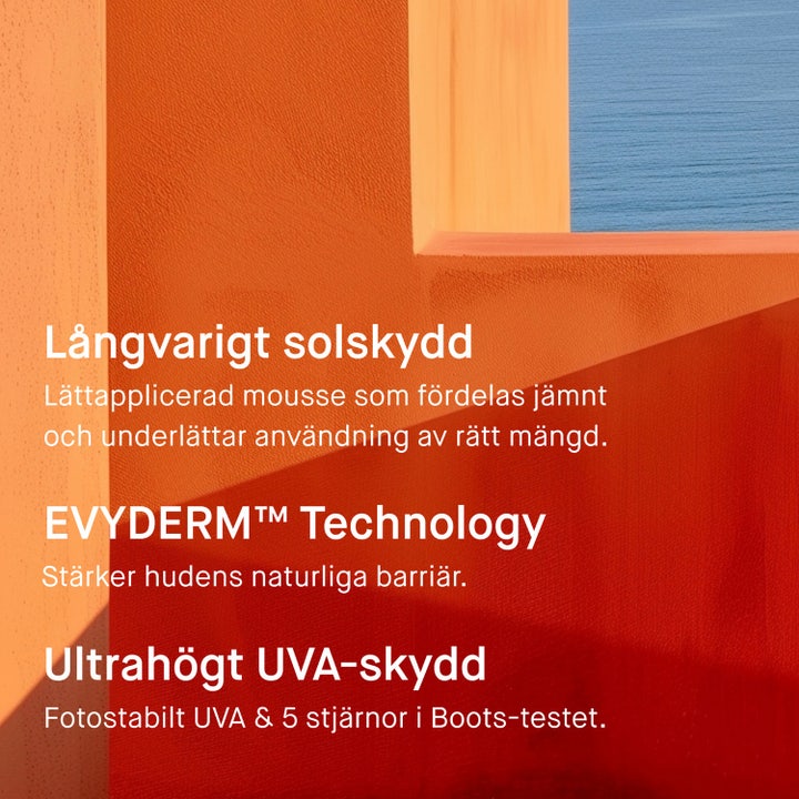 EVY Technology Sunscreen Mousse For Kids 150 ml solkrem gir bredspektret UVA-beskyttelse vist i oransje grafikk.