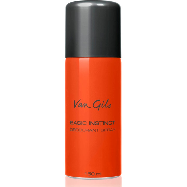 Van Gils Basic Instinct 150 ml deodorant spray gir langvarig friskhet i en knalloransje beholder med mørkegrått lokk