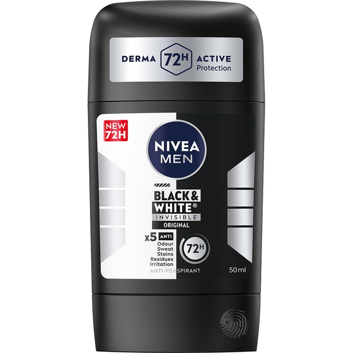 Nivea Men Black &amp; White Invisible Original 50 ml deostick mot svette og flekker i svart plastbeholder.