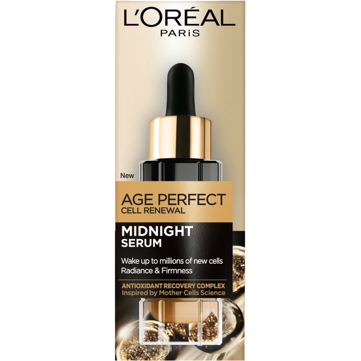 L'Oréal Paris Cell Renewal Midnight Serum 30 ml anti-age ansiktsserum for glød i en svart og gullfarget eske