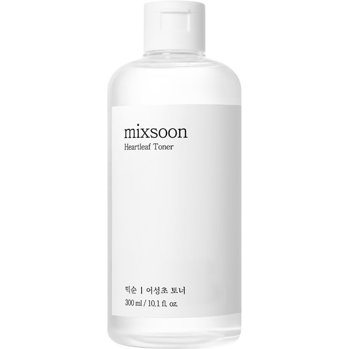 Mixsoon Heartleaf Toner 300 ml beroligende ansiktsvann i klar plastflaske med hvit minimalistisk etikett og lokk