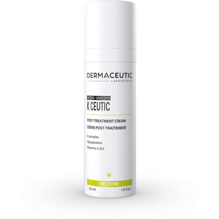 Dermaceutic K Ceutic 30 ml gjenoppbyggende krem med SPF 50 som gir pleie i hvit sylindrisk pumpeflaske