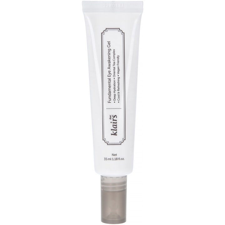Klairs Fundamental Eye Awakening Gel 35 ml oppfriskende øyegelé som gir dyp fukt i hvit tube med grå kork