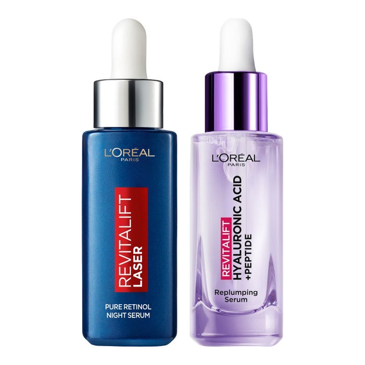 L’Oréal Paris Revitalift Filler og Laser ansiktsserum i lilla og blå glassflasker med hvite pipettekorker