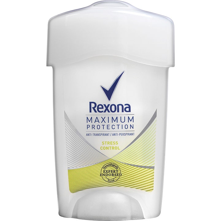 Rexona Maximum Protection Stress Control 45ml anti-perspirant mot svette i hvit plastbeholder med limegrønn dekor