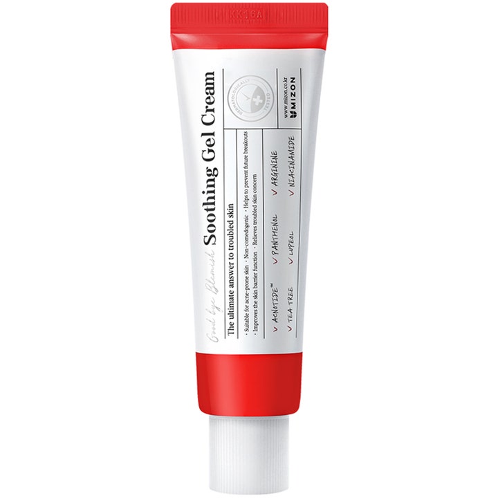 Mizon Good Bye Blemish Soothing Gel Cream beroligende gelkrem for uren hud i hvit tube med røde detaljer og niacinamide.