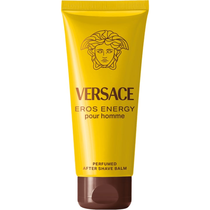 Versace Eros Energy After Shave Balm pleiende etterbarberingskrem i gul tube med brun kork og ikonisk Medusa-logo