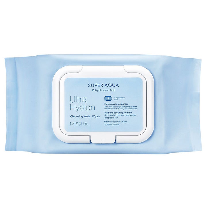 Missha Super Aqua Ultra Hyalon 30 wipes fuktighetsgivende reiseservietter i lyseblå pakke med hvitt lokk