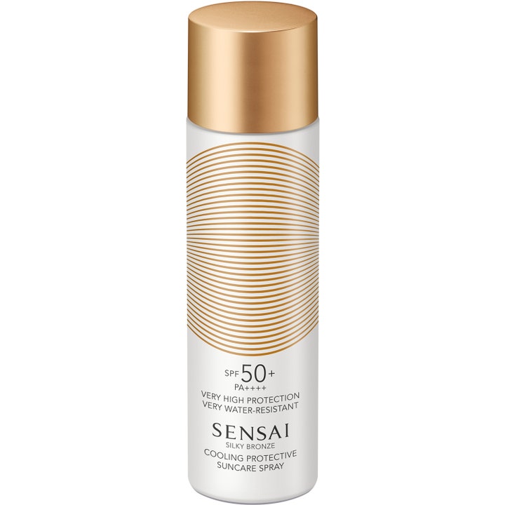 Sensai Silky Bronze Cooling Protective Suncare Spray SPF 50+ beskyttende solspray i hvit flaske med gullfarget kork