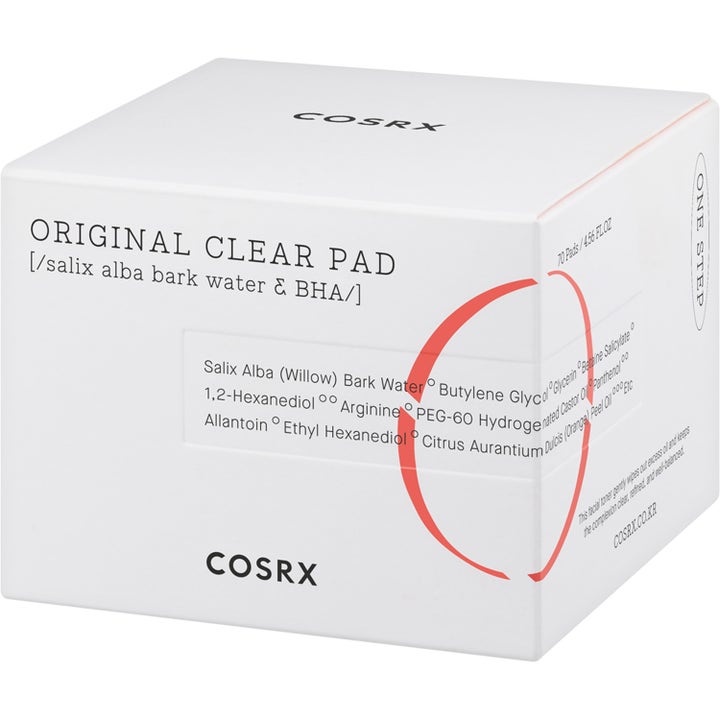 COSRX One Step Original Clear Pad 70 stk eksfolierende pads i hvit eske med BHA og rød sirkel