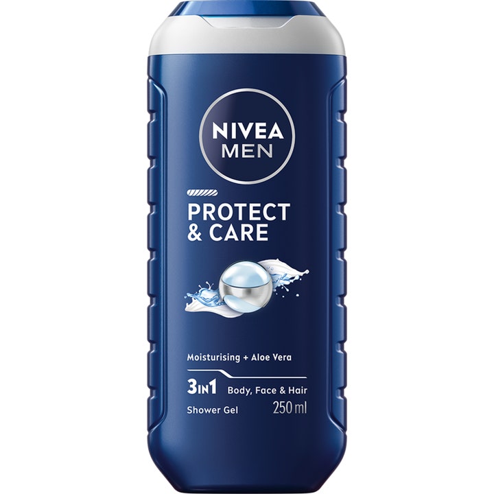 Nivea Men Protect & Care 250 ml fuktighetsgivende 3-i-1 dusjgelé med aloe vera i en mørkeblå plastflaske med hvit kork