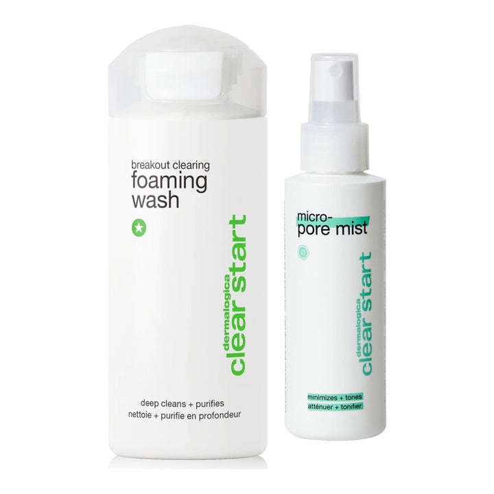 Dermalogica Clear Start Micro-Pore Mist og Breakout Clearing Foaming Wash sett mot uren hud i hvite plastflasker