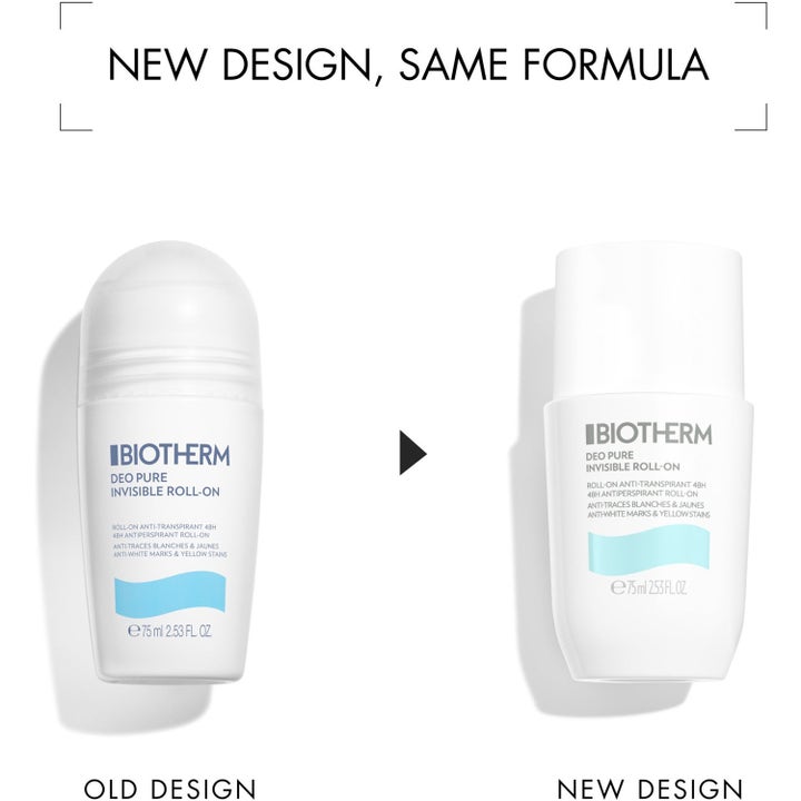 Biotherm Deo Pure Invisible Roll-On 75 ml antiperspirant viser gammelt og nytt design på hvit emballasje.