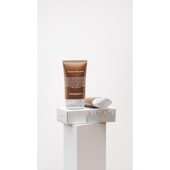 Niche Beauty Lab Transparent Lab Bakuchiol Firming Cream 50 ml oppstrammende ansiktskrem i brune tuber på hvit eske