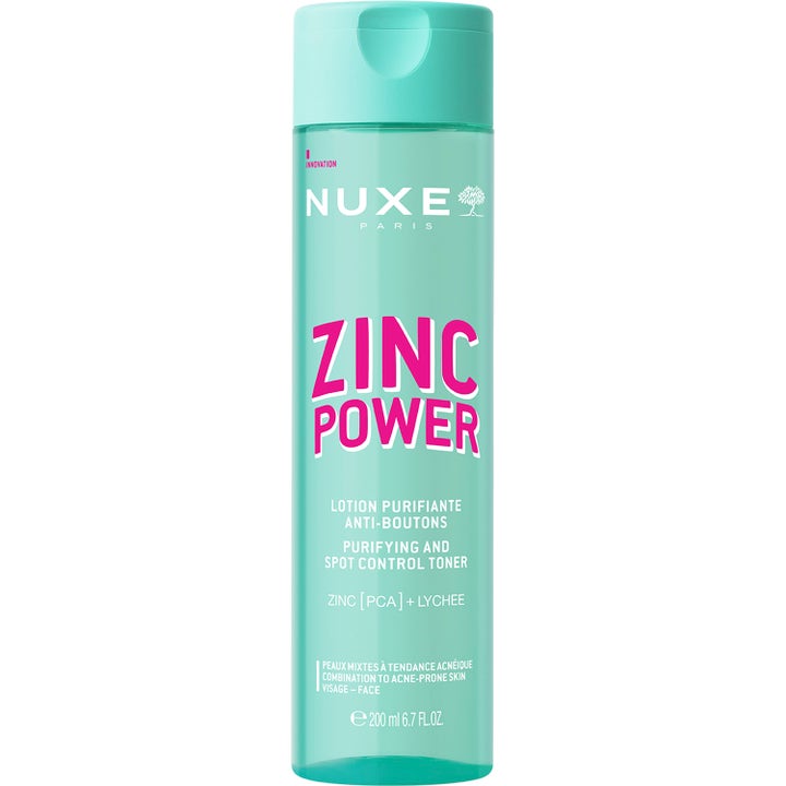 Nuxe Zinc Power 200 ml rensende ansiktsvann mot urenheter i turkis flaske med rosa tekst og sink som gir klar hud.