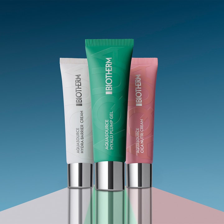 Biotherm Aquasource Hyaluplump Gel 30 ml fuktighetsgivende dagkrem i grønn tube ved siden av hvit og rosa tube.