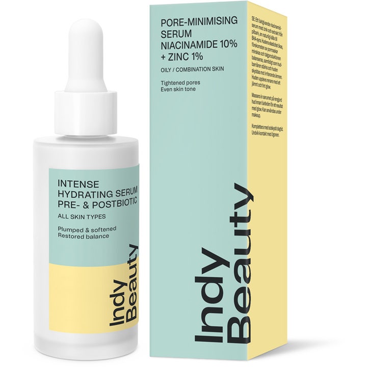 Indy Beauty Intense Hydrating Serum 30 ml fuktserum i hvit glassflaske med pipette og eske
