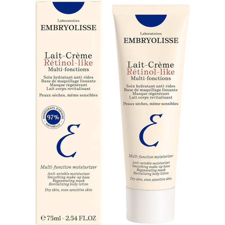 Embryolisse Lait-Crème Rétinol-Like 75 ml fuktighetsgivende dagkrem mot rynker i beige tube og eske med blå logo.