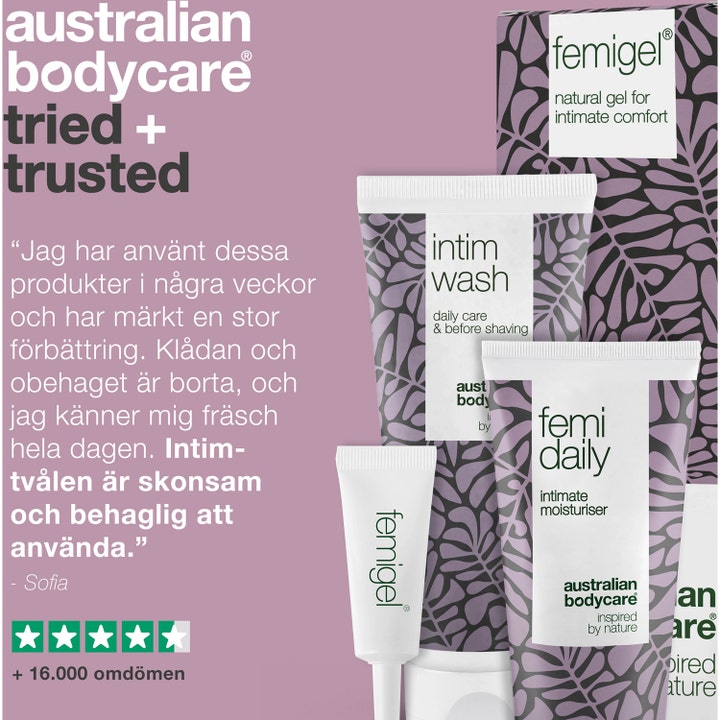 Australian Bodycare Intimate Treatment Kit 325 ml motvirker intimt ubehag med tre tuber i lilla bladmønster og en omtale