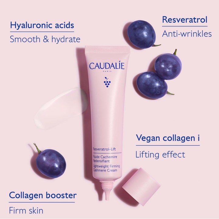 Caudalie Resveratrol-Lift 40 ml oppstrammende dagkrem i rosa tube med hvit tekstur og lilla druer.