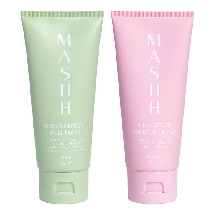Mashh Green Refresh og Pink Repair 100 ml eksfolierende og fuktighetsgivende ansiktsmasker i grønn og rosa tube
