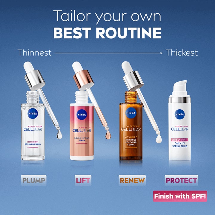 NIVEA Cellular Expert Filler Daily UV Fluid SPF50 30 ml hudpleie i hvit pumpeflaske som gir solbeskyttelse.