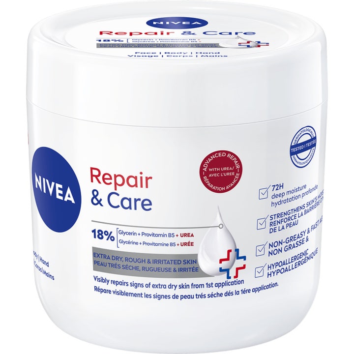 Nivea Repair & Care fuktighetskrem med urea for tørr hud i en hvit rund krukke med blå logo og rød skrift