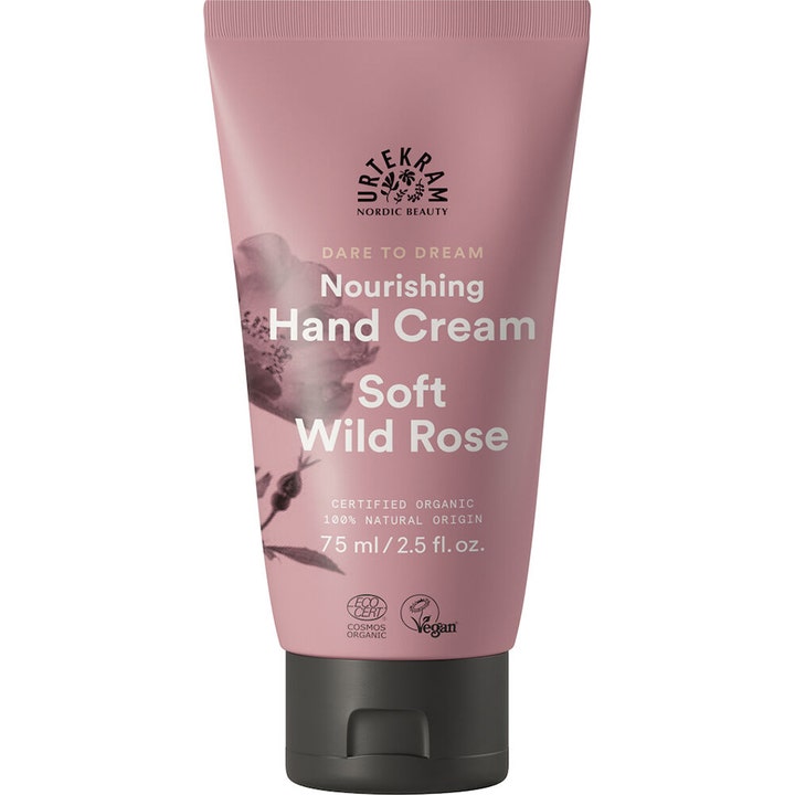 Urtekram Dare to Dream Soft Wild Rose 75 ml næringsgivende håndkrem i rosa tube med blomstermotiv og mørk kork