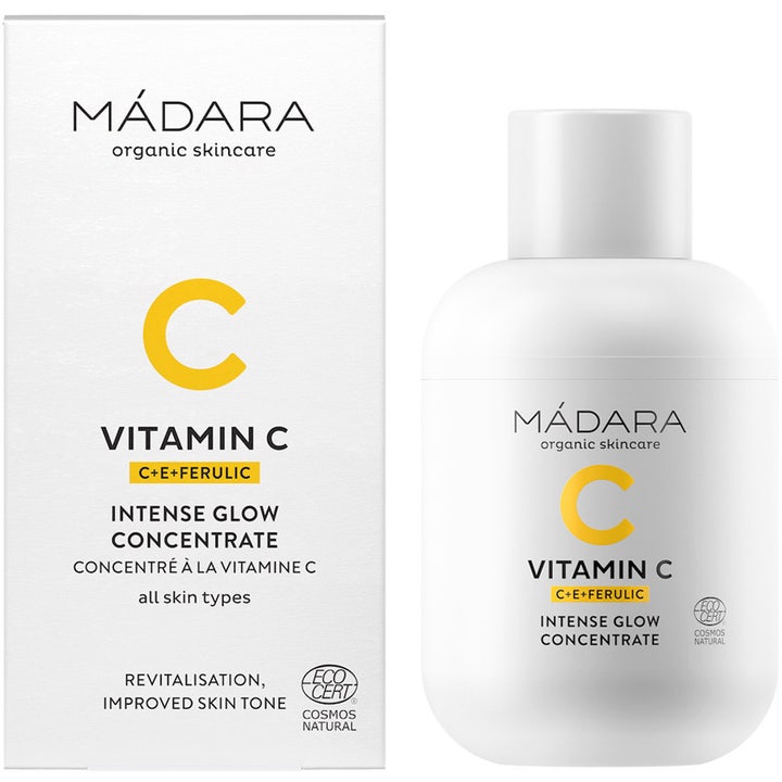 MÁDARA Vitamin C Intense Glow Concentrate 30 ml serum med C-vitamin i hvit flaske og eske som gir glød