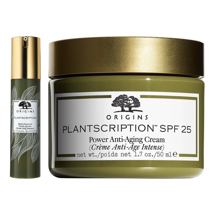 Origins Plantscription 50 ml anti-age hudpleiesett med serum og ansiktskrem i olivengrønn krukke og flaske med gulllokk