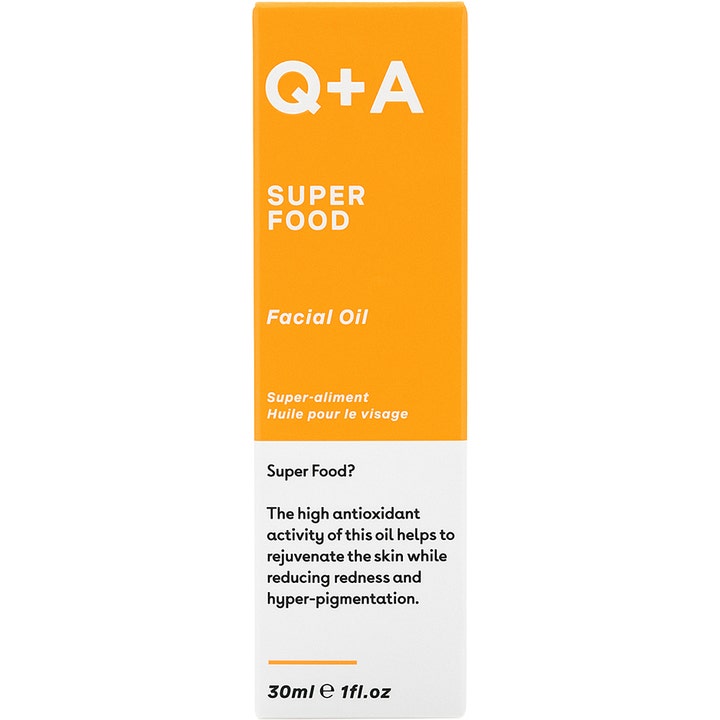 Q+A Super Food Facial Oil 30 ml ansiktsolje i oransje og hvit eske som reduserer rødhet og forynger huden