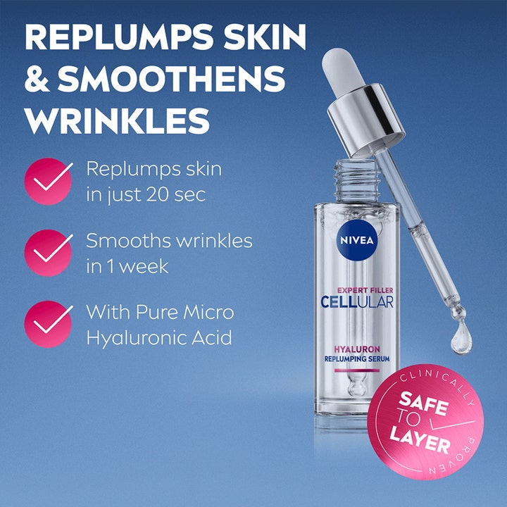 NIVEA Cellular Expert Filler Hyaluron Replumping 30 ml hyaluronsyreserum fyller ut huden vist med pipette og dråpe.