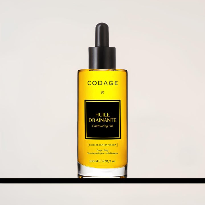 Codage Paris The Contouring Oil 100 ml drenerende kroppsolje i glassflaske med pipette og klar gyllen farge