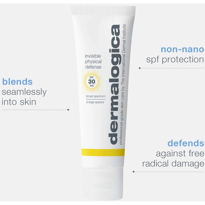 Dermalogica Invisible Physical Defense SPF30 Duo hvit tube med gul stripe gir usynlig fysisk solkrem beskyttelse.