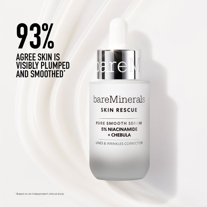 bareMinerals Skin Rescue Pure Smooth Serum 30 ml med niacinamid i frostet flaske som gir synlig glattere hud.