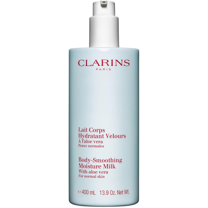Clarins Body-Smoothing Moisture Milk 400 ml fuktighetsgivende kroppslotion med aloe vera i lyseblå flaske med hvit pumpe