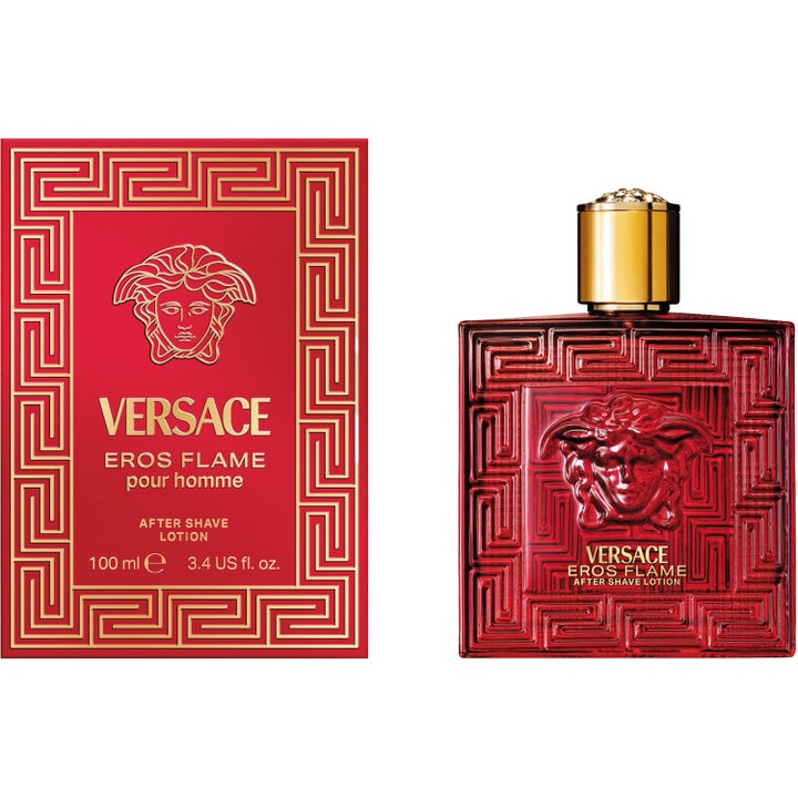 Versace Eros Flame After Shave Lotion 100 ml beroligende hudpleie i rød glassflaske med gullkork og eske.
