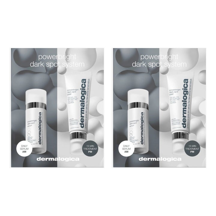 Dermalogica PowerBright Dark Spot System mot pigmentflekker med hvit serumflaske og tube i profesjonell forpakning