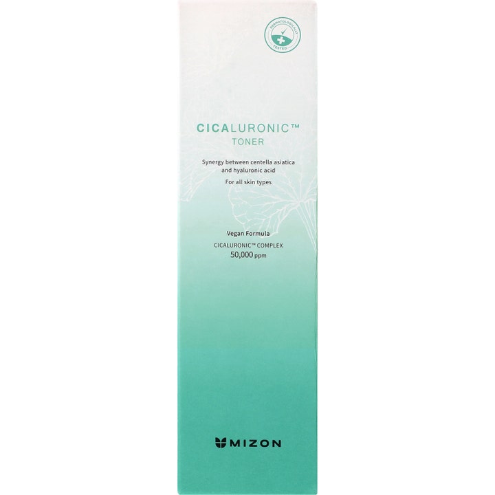 Mizon Cicaluronic Toner 150 ml beroligende toner i hvit og grønn eske med centella asiatica og vegansk formel