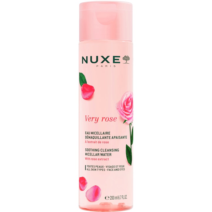 Nuxe Very Rose Soothing Cleansing Micellar Water 200 ml beroligende micellærvann i rosa flaske med roseblader