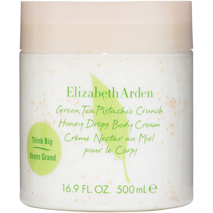 Elizabeth Arden Green Tea Pistachio Crunch Honey Drops Body Cream 500 ml kroppskrem i hvit krukke med beige lokk.