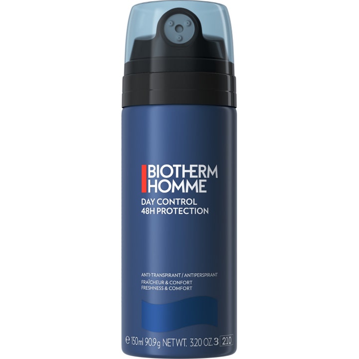 Biotherm Homme Day Control 48H Protection 150ml antiperspirant gir friskhet i en blå metallflaske med svart spraytopp.